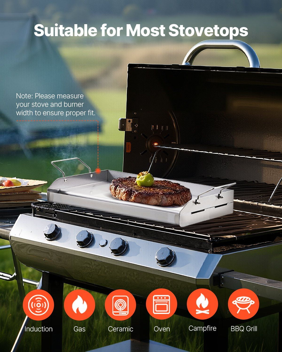 Stainless Steel Griddle 17x13 inch - Universal Flat Top Grill Plate for BBQ, Teppanyaki, Camping & Tailgating - Portable Cookware with Handle