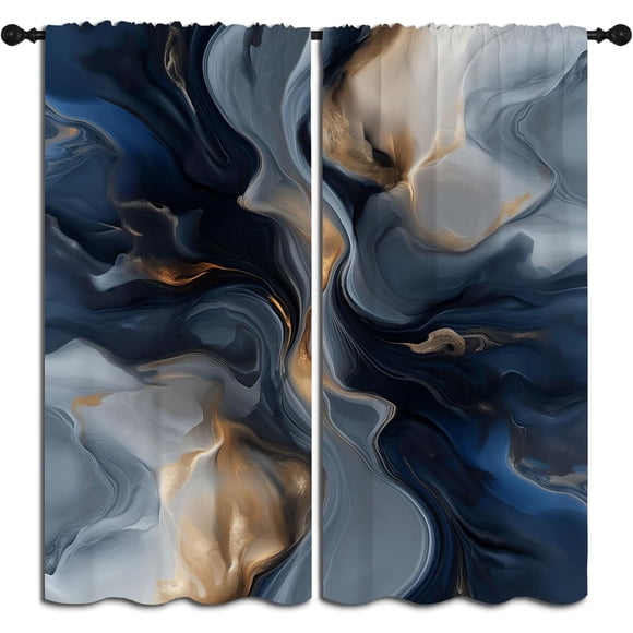 Navy Blue Marble Blackout Curtains, Gold Vein Liquid Texture Thermal Insulated Rod Pocket Window Drapes for Bedroom Living Room Kitchen 26"W x 45"L (Pack of 2)