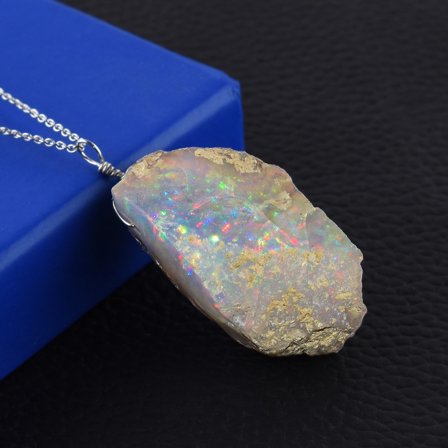 QNAVIC Natural Fire Raw Ethiopian Opal Stone Handmade Dainty Pendant Necklace For Women, Healing Chakra, Birthstone Jewelry, Rhodium Plated 925 Sterling Silver Chain 20 inch, Gift for Her