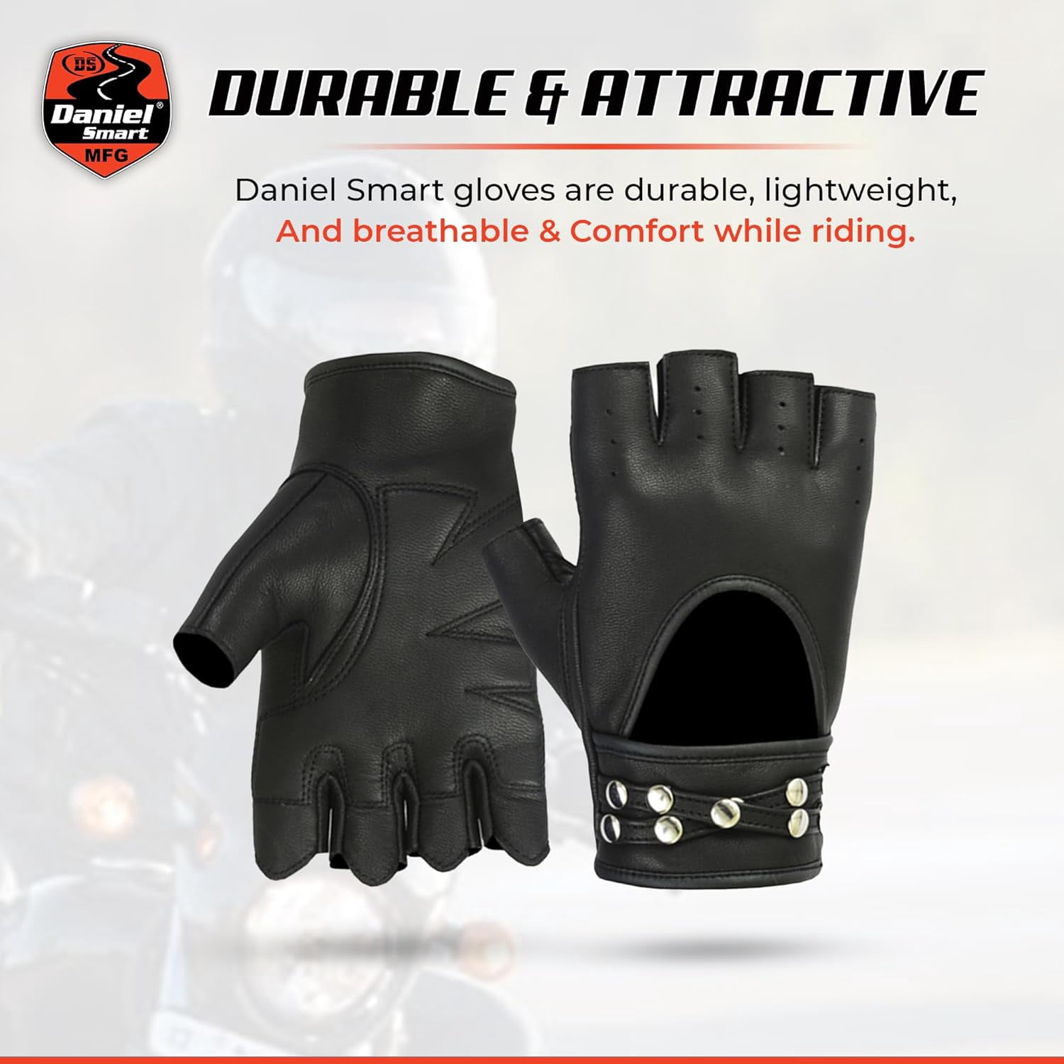 Daniel Smart Women’s Leather Gloves-Fingerless Motorcycle Gloves with Gel Palm and Wrist Strap
