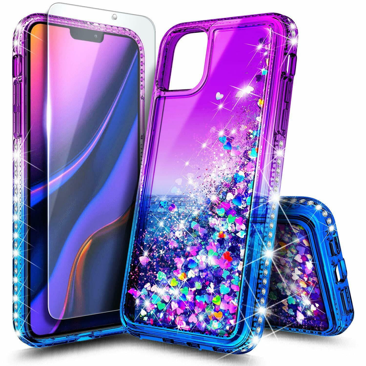 Iphone 12 Pro Max Case With Tempered Glass Screen Protector Nagebee Sparkle Glitter Flowing Liquid Quicksand With Shiny Bling Diamond Women Girls Cute Case Purple Blue Walmart Com Walmart Com