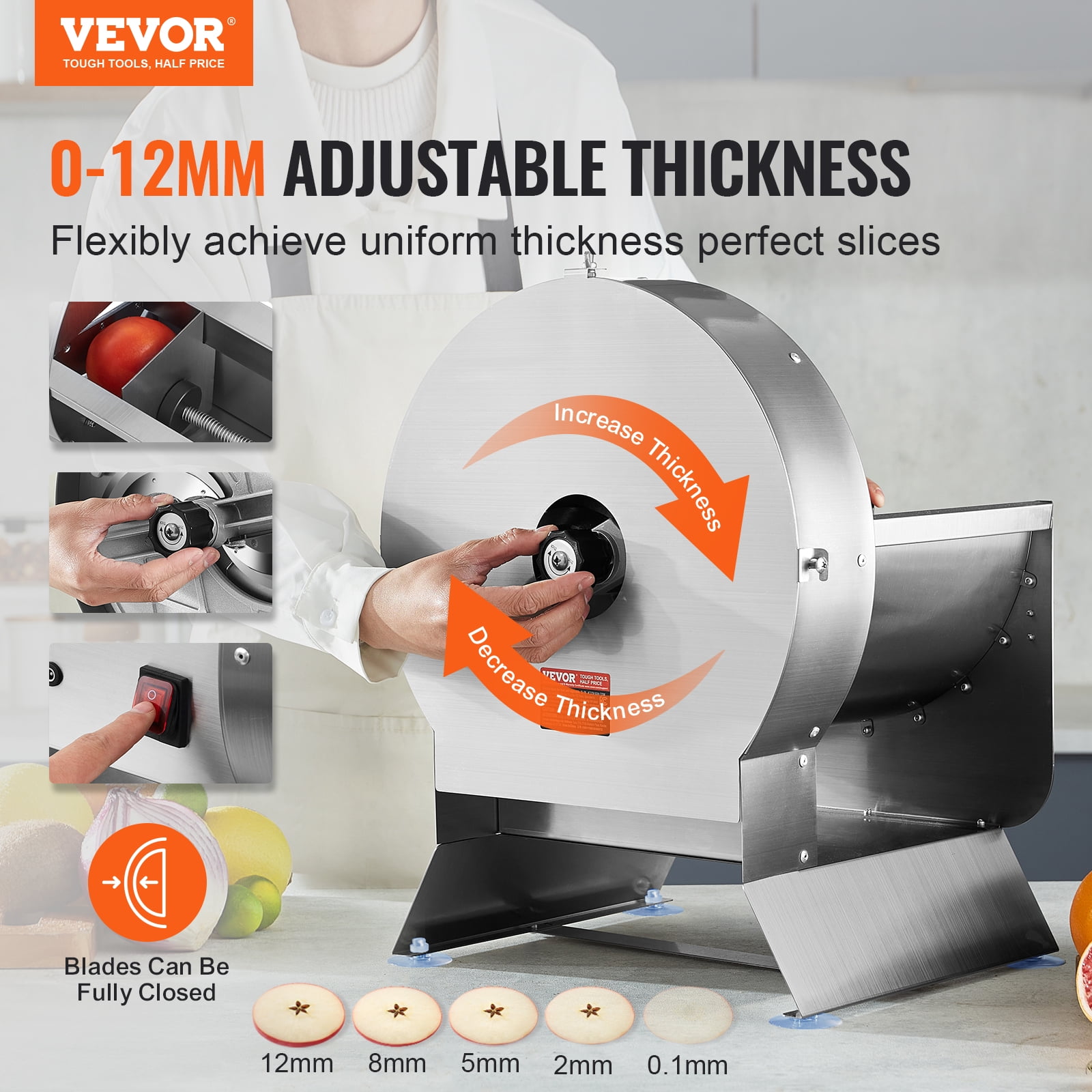 VEVOR Electric Vegetable Slicer, 0-0.5"/0-12mm Thickness Adjustable Commercial Slicer Machine, Convertible to Manual, Stainless Steel Food Cutter Slicing Machine, Large Feed Port for Potato