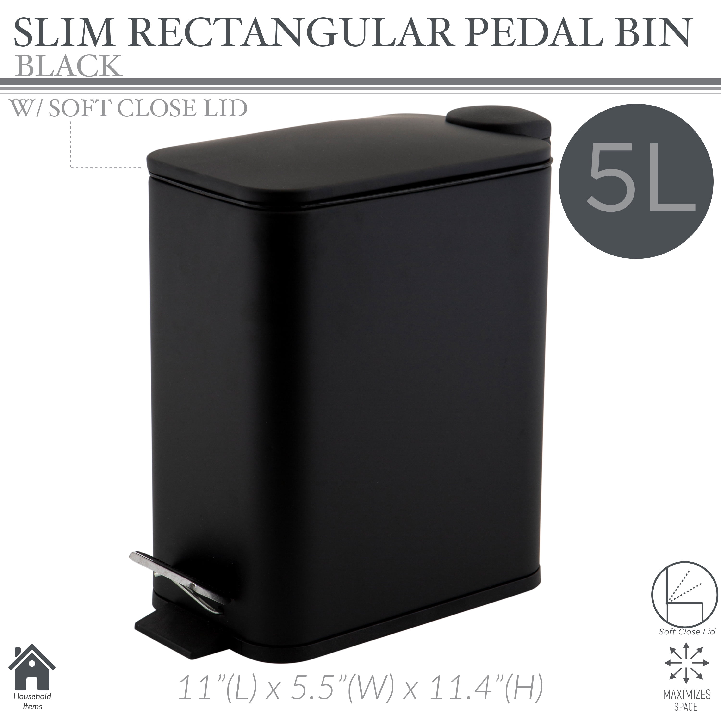 Simplify 2 Pack Slim Rectangular 5 Liter Pedal Iron Wastebasket with Soft Close Lid in Black