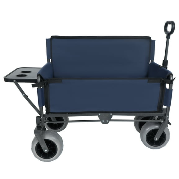 3-in-1 Folding Wagon with Bench Seat & Rear-Mounted Folding Tabletop, 500lbs Capacity, 9"x4" Beach Tires for Camping, Beach, Dark Blue