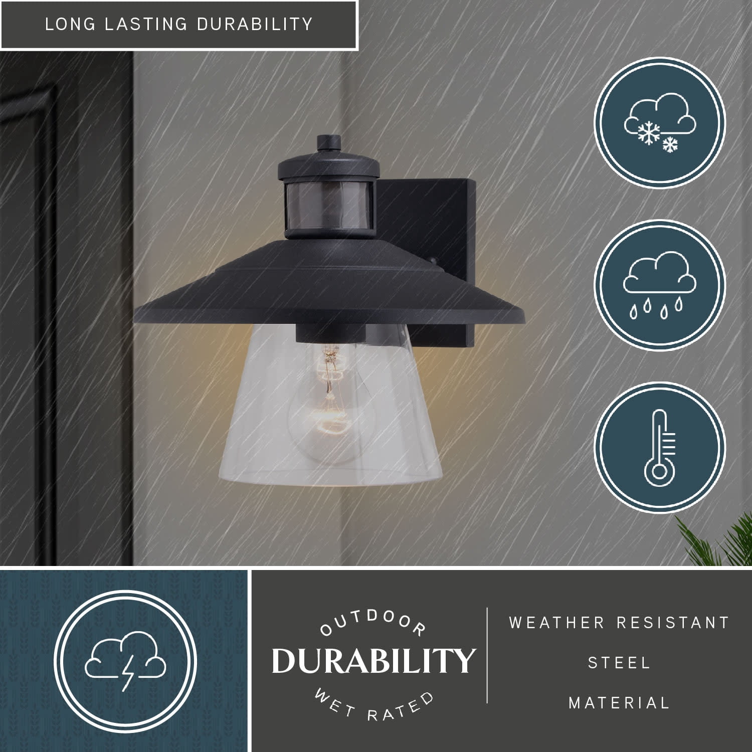 Westport Steel LED Compatible Black Motion Sensor Dusk to Dawn Outdoor Wall Light Coastal Clear Glass