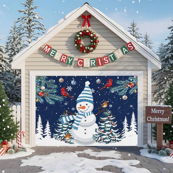 Fsddascl 7 x 8 Ft Christmas Garage Door Cover, Navy Blue Snowman Christmas Large Garage Door Banner, Xmas Tree Balls Snowflake Hanging Garage Mural Background for Indoor Outdoor Xmas Party Supplies