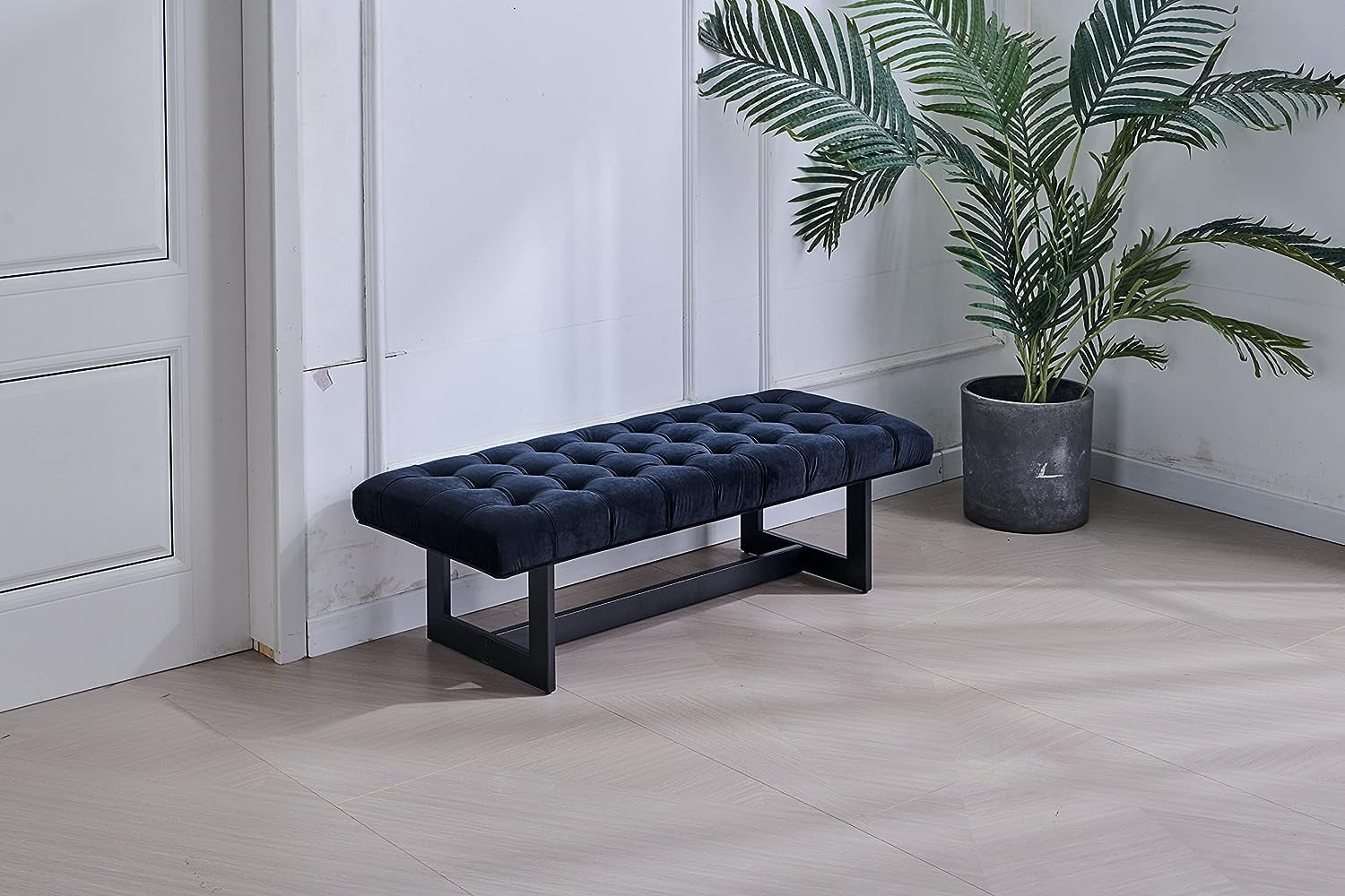 Nathaniel Home 48'' Button-Tufted Kids Ottoman, Upholstered Bedroom Benches, Vegan Leather Footrest Stool Accent Bench, for Living Room End of Bed Black