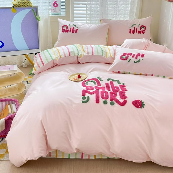 Duvet Cover Queen Size, 3D Embroidery Queen Bedding Sets Pink Bed Set, Chenille