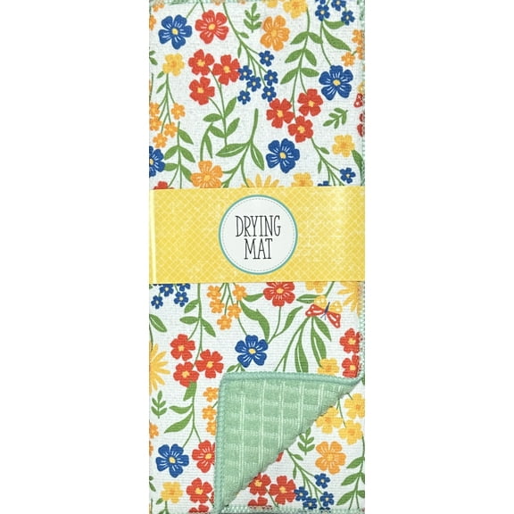 Serafina Home Floral Drying Mat, Floral and Leaf Design, White Background, White Green Red Orange Flowers and Leaves, Multi-Colored