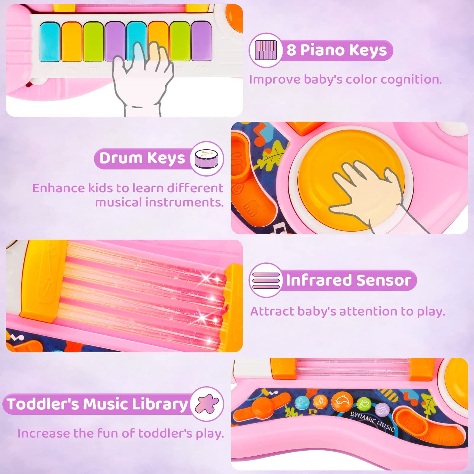 Unbranded 2-in-1 Kids Toy Guitar and Piano Keyboard, Foldable Musical Instrument for Toddlers 3-5, Light Up Learning Toy with Infrared Sensors