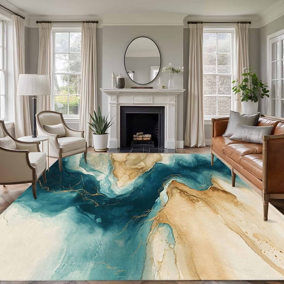 5'x8' Area Rugs, Teal Brown Indoor Outdoor Area Rug for Living Room Bedroom, Modern Abstract Art Contemporary Washable Bathroom Rugs Kitchen Floor Carpet Mats Home Decor Aesthetic