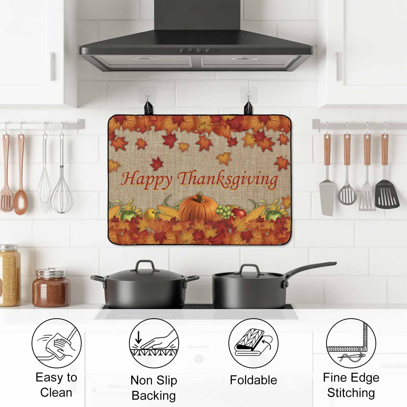 Thanksgiving Maple Stove Top Cover for Electric Stove, Heat-proof & Non Slip Glass Top Stove Cover Protector, Fall Pumpkin Leaves Farmhouse Retro Brown Kitchen Flat Cooktop Rubber Mat 24x21 Inches