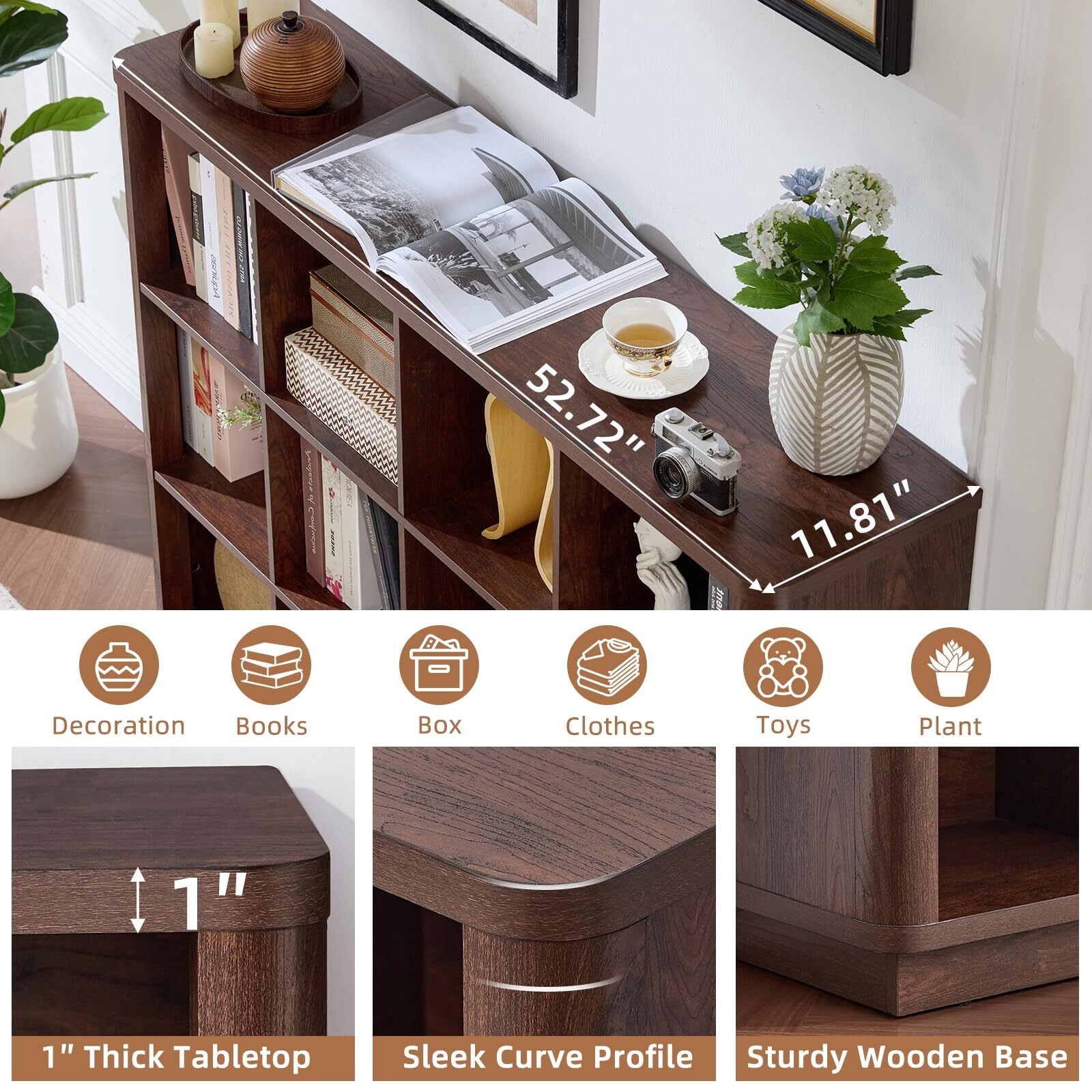 Buildhom 12-Cube 3-Tier Storage Bookcase, 41" Tall Floor Standing Bookshelf with Curved Edge for Living Room, Office, Walnut