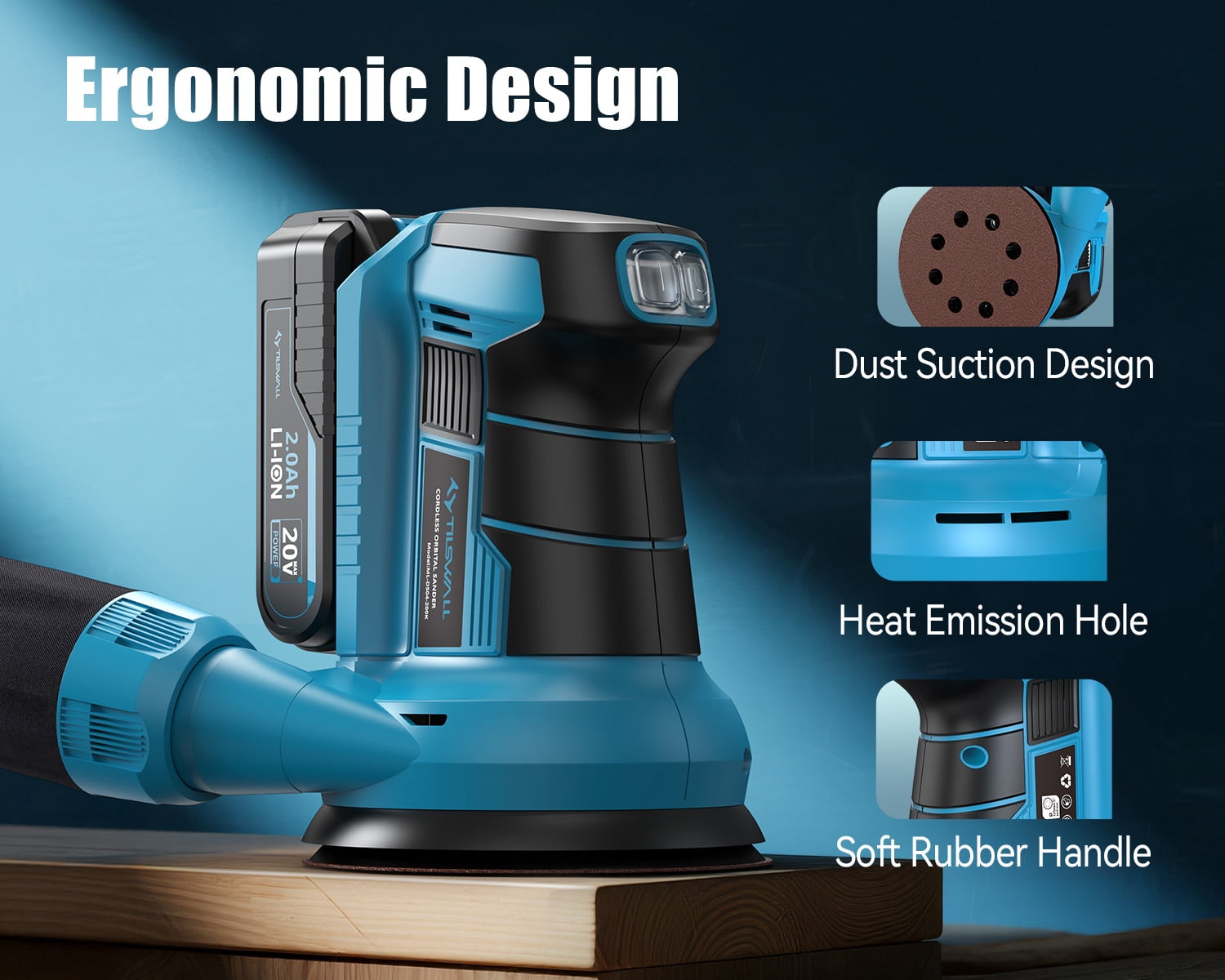 Tilswall 20V Cordless Orbital Sander, 5" Electric Palm Hand Sander Tool, 11,000 RPM, with Vacuum Dust Collector, Random Orbit Power Sander for Woodworking, Blue