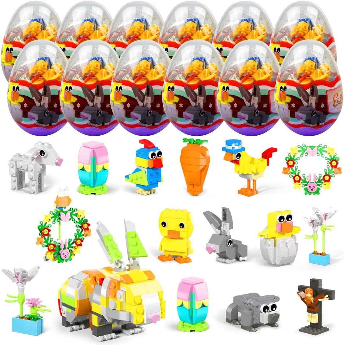 12 Pack Easter Building Block Toys in Jumbo Plastic Easter Eggs