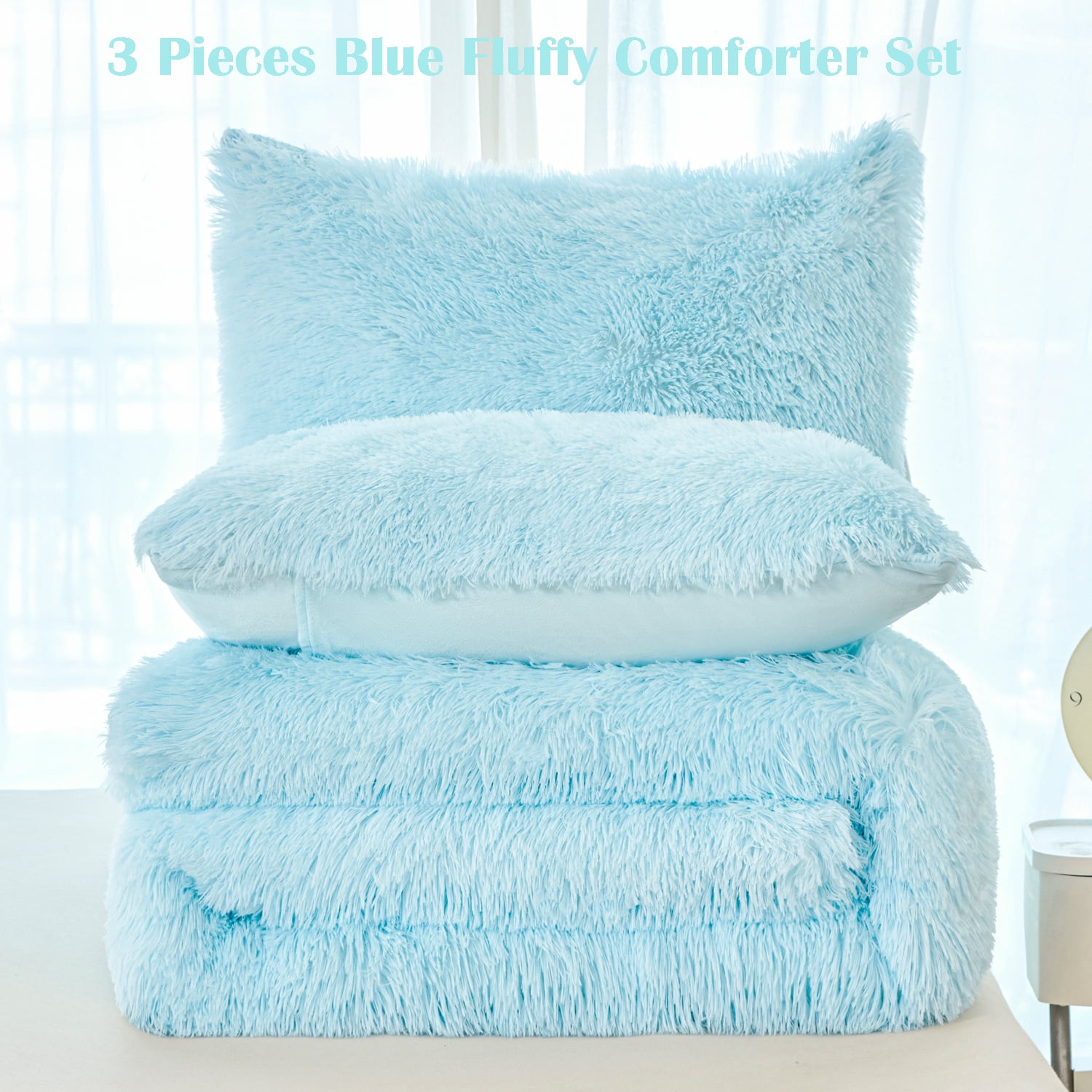 URBONUR 3 Pieces Blue Girls Comforter Sets Twin Faux Fur Plush Bedding Sets Fluffy Bedding Comforter Sets for Kids Teens(1 Shaggy Comforter + 2 Faux Fur Pillowcases)