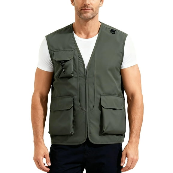 Men's Outdoor Fishing Utility Vest Lightweight Sleeveless Cargo Jacket Multi-Pocket Waistcoat for Hiking Hunting Army Green Size L
