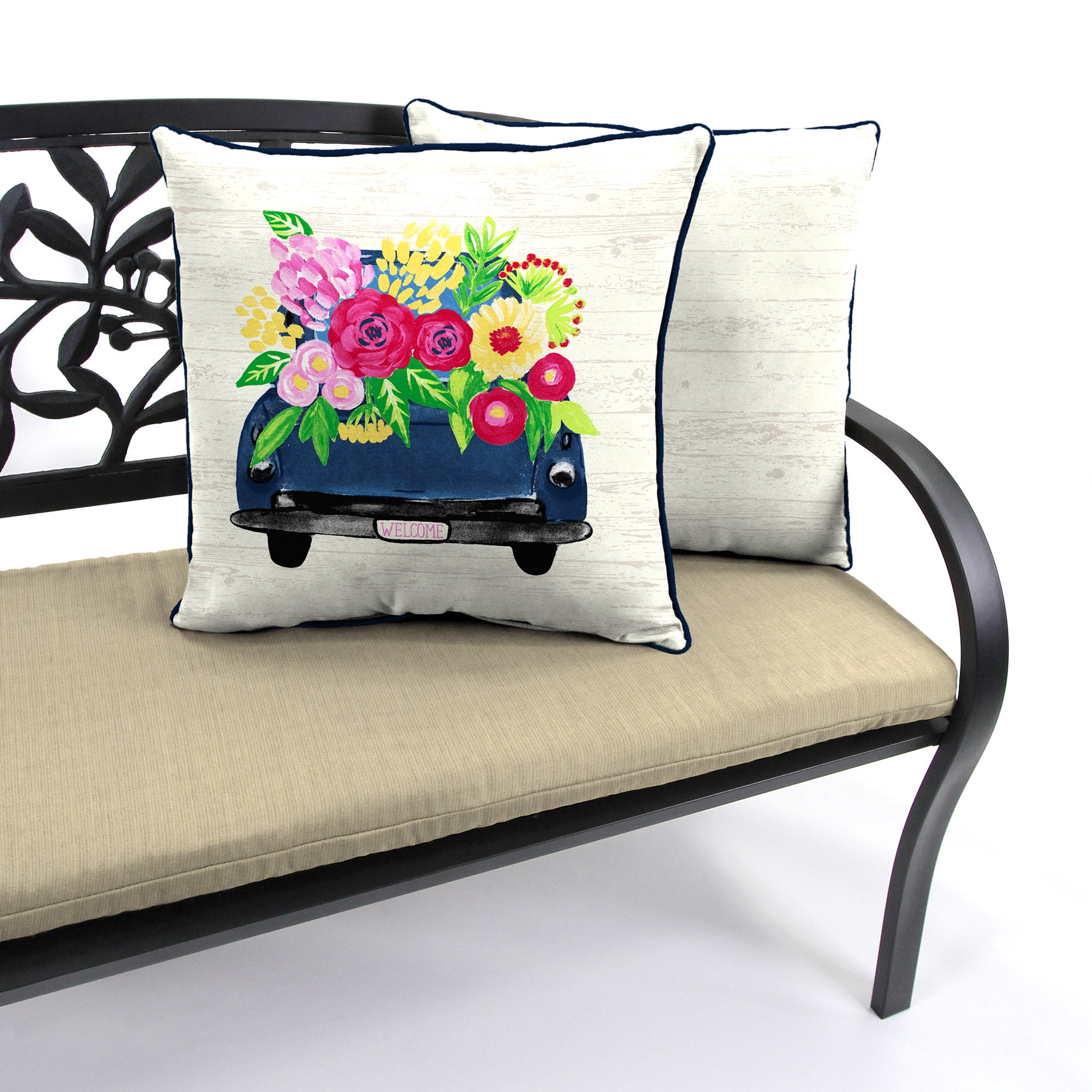 Jordan Manufacturing 16" x 16" Flower Truck Cream and Multicolor Novelty Reversible Square Outdoor Throw Pillow