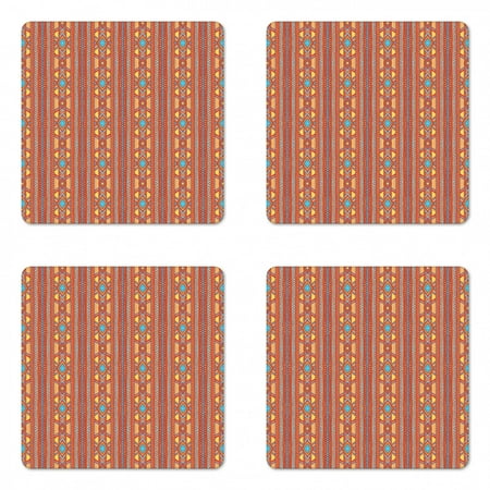 

Tribal Coaster Set of 4 Tribal Arrangement with Geometric Elements Vertical Ornate Stripes and Rhombuses Square Hardboard Gloss Coasters Standard Size Multicolor by Ambesonne