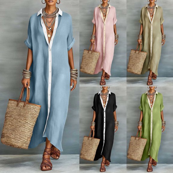 Mgmyaa Women's Summer Casual V-Neck Short Sleeve Long Dress, Contrast Button Down Shirt Dress with Side Slits, Loose Fit Maxi Length for Beach Vacation