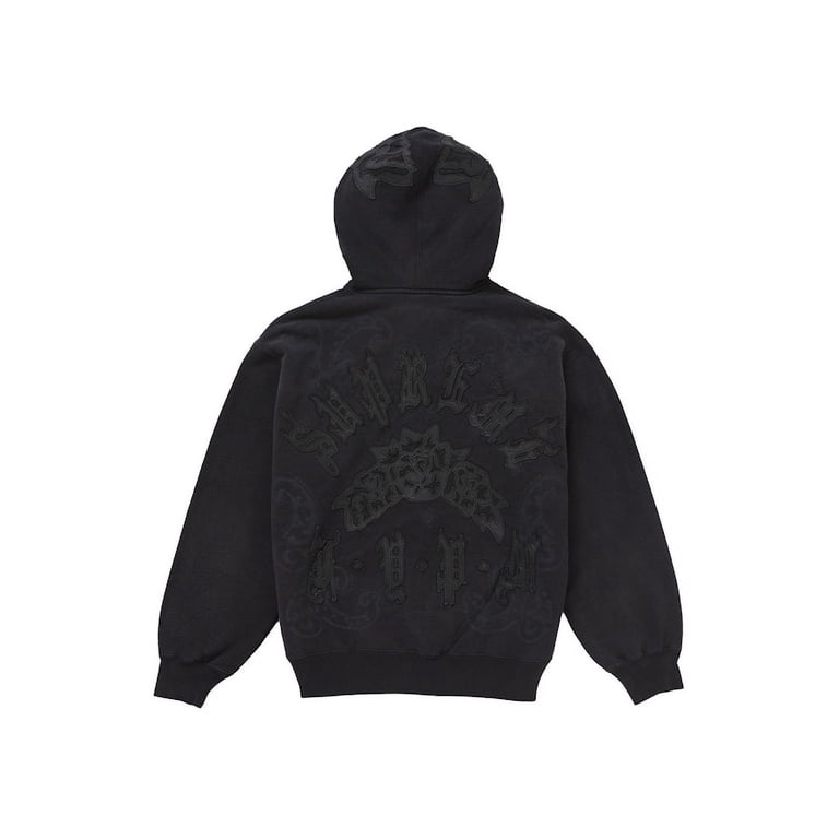 Supreme Men's Leather Applique Zip Up Hooded Sweatshirt Black