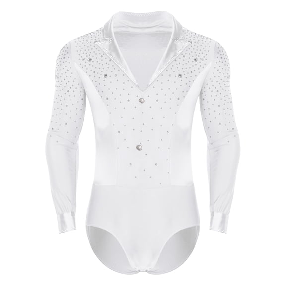 Sholeno Men Shiny Rhinestone Latin Dance Shirt V Neck Long Sleeve Skating Dancing Performance Leotard Navy Blue S
