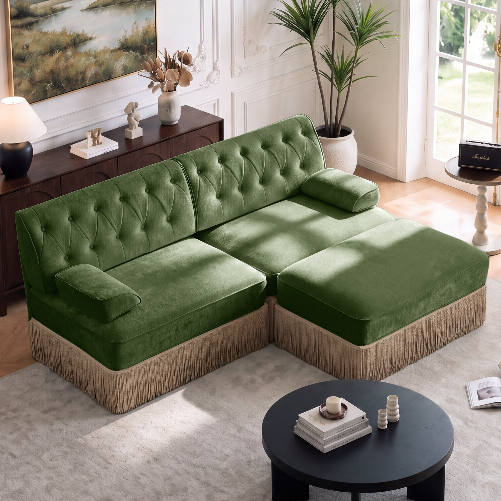 76.6" Chesterfield L-Shaped Modular Sectional Loveseat Sofa Set with Ottoman and Tassel Skirt, Easy to Assemble