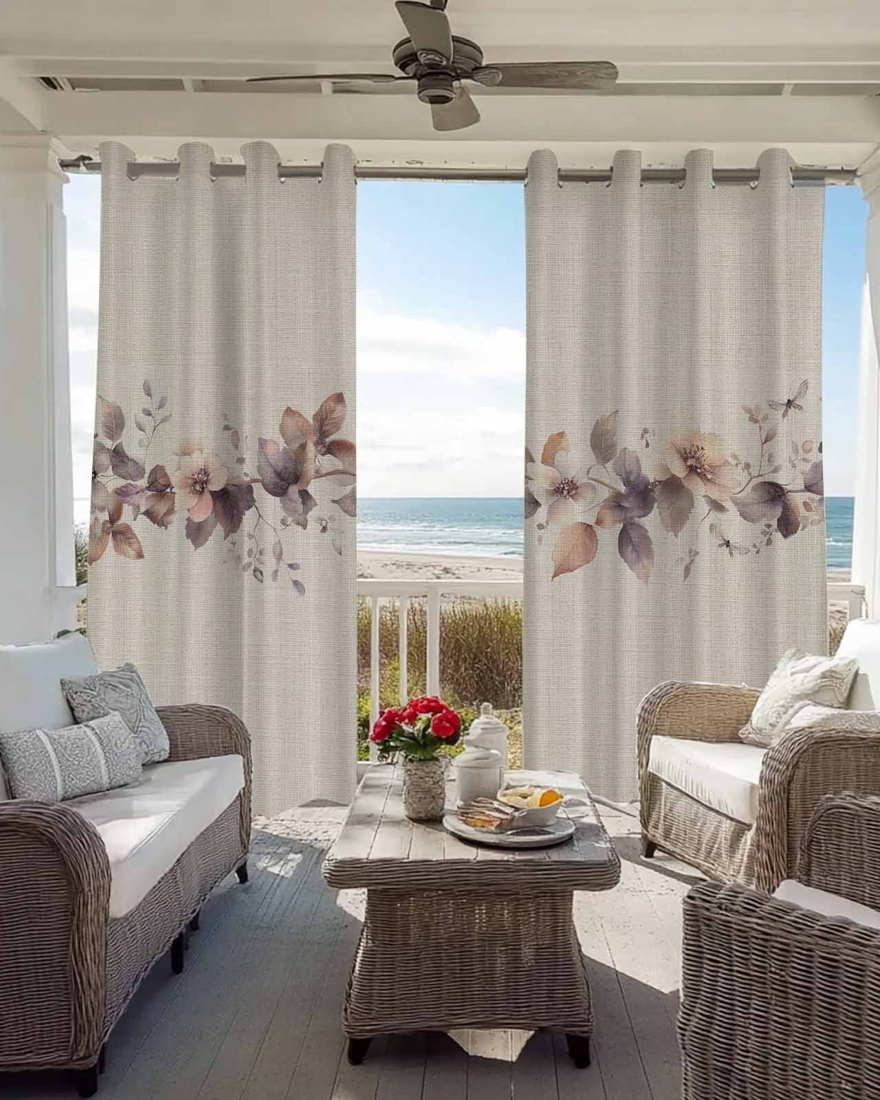 Spring Flower Blackout Curtains for Bedroom Living Room, Retro Brown Flower Watercolor Plant Linen Texture 72 In Long Thermal Insulated Room Darkening Drapes Grommet Window Treatments, 52 x 72 In