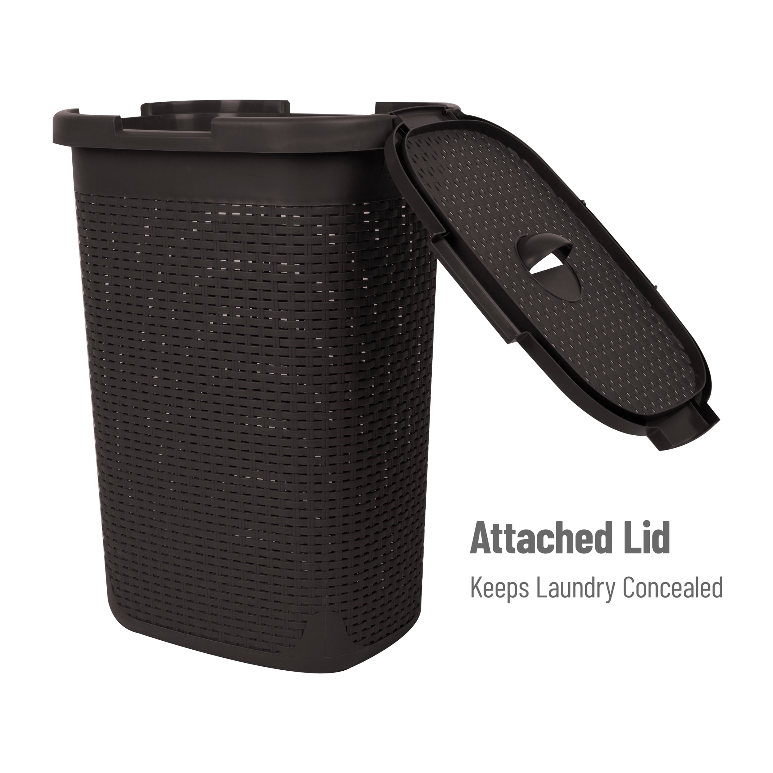 Mind Reader 60L Slim Laundry Hamper, Clothes Basket, Lid, Wicker Style, Plastic, 17.65"L x 13.75"W x 24.15"H, Set of 2, Brown