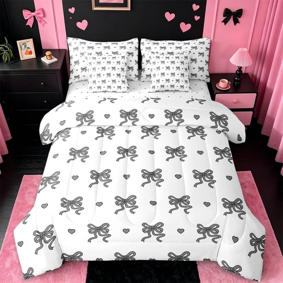 jejeloiu Cartoon Bowknot Loves 7-Piece Twin Bedding Sets,Black Kawaii Love Bedding Comforter Set For Girl Reversible