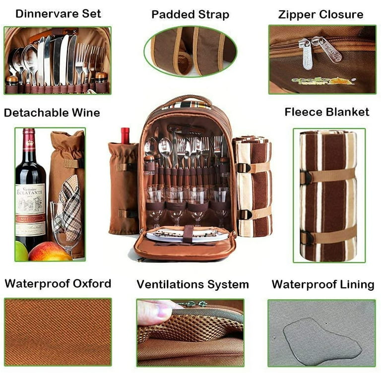 Apollo Walker Picnic Backpack Bag for 2 Person with Cooler Compartment, Detachable Bottle/Wine Holder, Fleece Blanket, Plates and Cutlery Set (2