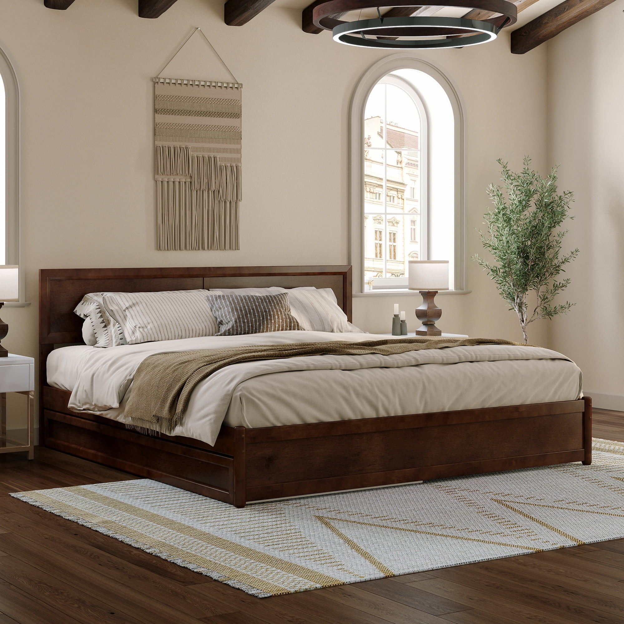 AFI Lylah King Wood Platform Bed with Panel Footboard and Twin XL Trundle, Walnut