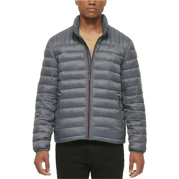 Tommy Hilfiger Mens Embroidered Logo Puffer Jacket, Grey, Big & Tall, LT