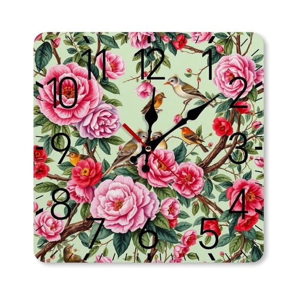 RKSupls 10×10inch Square Silent Wall Clock Wooden Frame, Camellia Bird Pattern Scale Decorative Clock for Home Bedroom Living Room Office