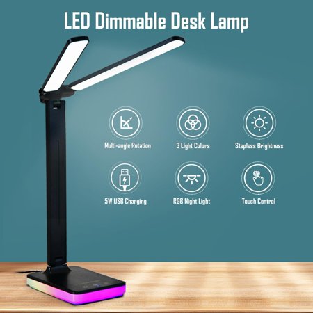 YUYAN-LED Double Head Desk Lamp with RGB Atmosphere Light 5W USB Output 5 Color Temp Slide Steplessly Adjust Brightness Touch Control Foldable Table Light with Adapter (Black)