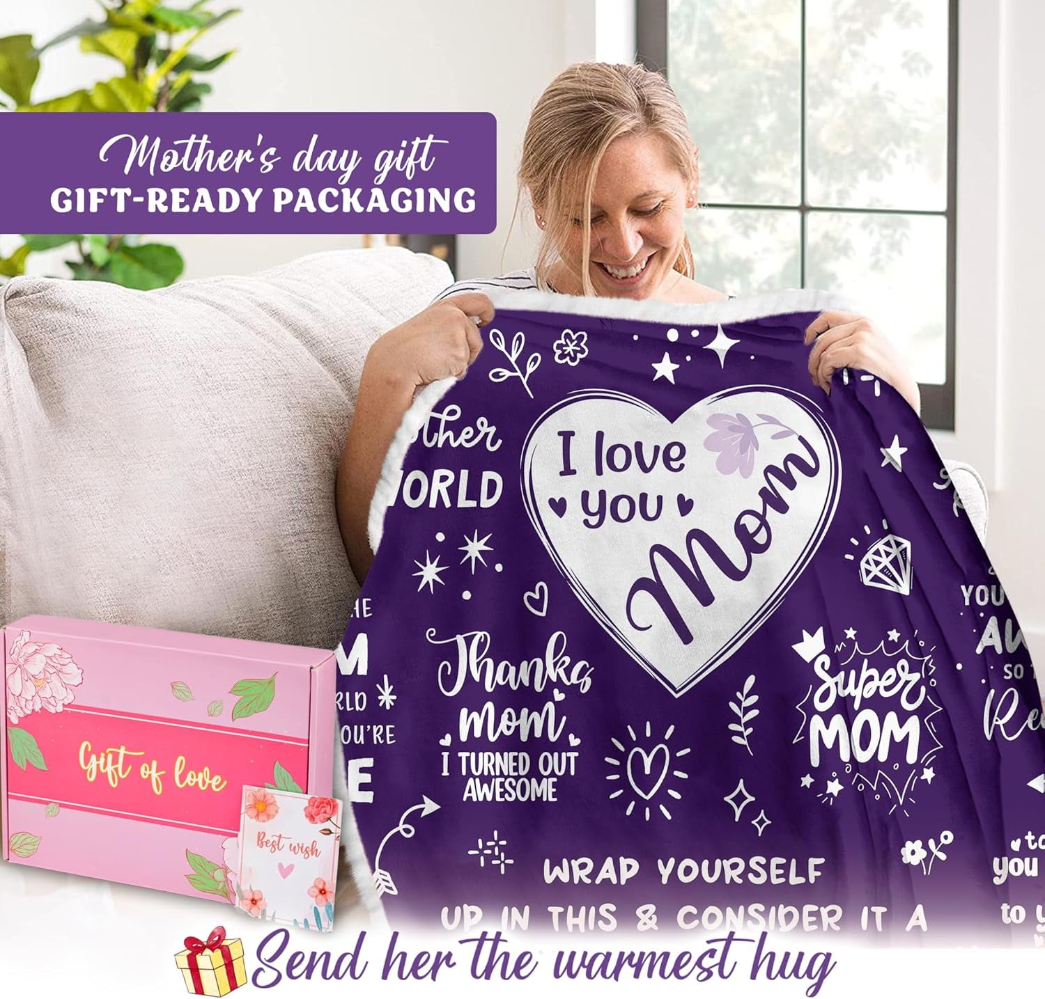 Mothers Day Gifts Love Mom Sherpa Fleece Wearable Hooded Blanket from Daughter Son, I love You Mom, Big Hug Blanket for Mom Birthday Gifts, Inspirational Gifts for Women (Purple)