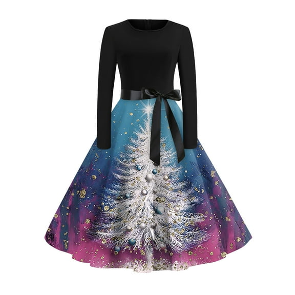 Women's Fashionable and Elegant Winter Long-sleeved Christmas Tree Print Dress for Holiday Parties and Casual Wear, Stylish Women's Seasonal Dress,Sky Blue,M