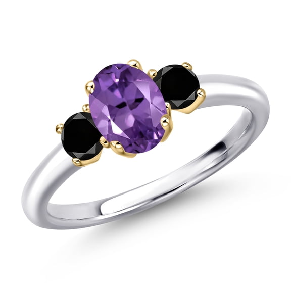 Gem Stone King 10K Two Tone Gold Purple Amethyst and Black Diamond Engagement Ring for Women | 1.09 Cttw | Oval 7X5MM | Gemstone February Birthstone | Size 6