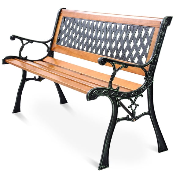 RTRWDC Garden Bench Cast Iron   Kembat Wood 49.5"×20.5"×29" 470LBS Weight Capacity Weather Proof Outdoor Bench Black   Natural Finish for Backyard Porch Patio Poolside