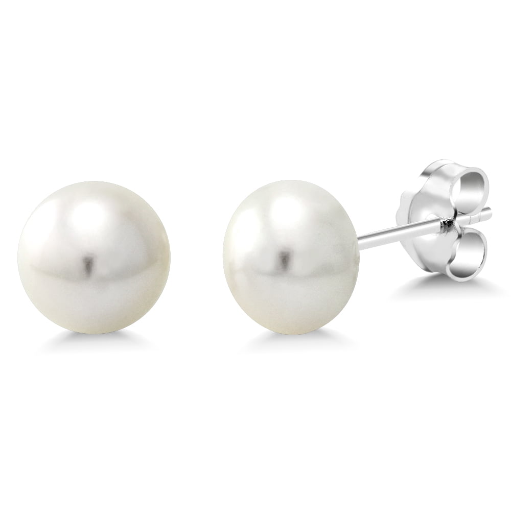 Gem Stone King 925 Sterling Silver White Button Cultured Freshwater Pearl 7MM-7.5MM Stud Earrings