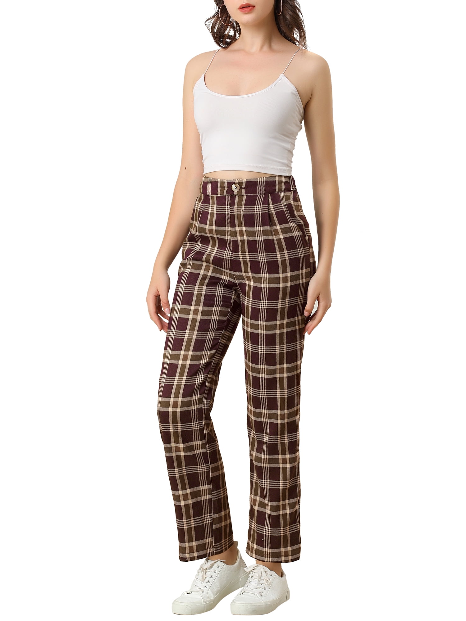 DARING DIVA Women's Plaid Trousers Pockets Straight Leg Casual Pant XL Red Brown