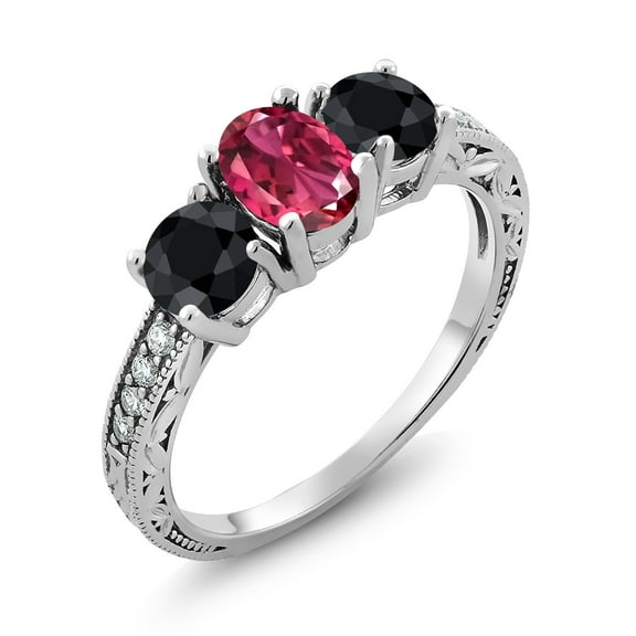 Gem Stone King 2.35 Ct Oval Pink Tourmaline Black Sapphire 925 Sterling Silver Moissanite Ring (Size 5)