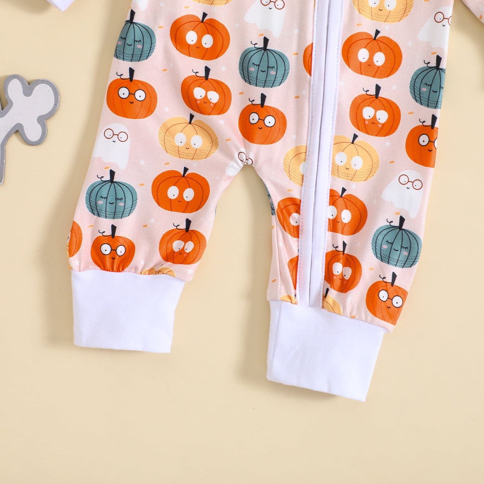 Baby Rompers Girl Toddler Fall Full Zip Jumpsuit Cartoon Pumpkin Print Long Sleeve One Piece Pajama Soft Comfort Baby Rompers Boy White 18 Months-24 Months