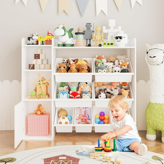 LIZHOUMIL Kids Toy Storage Organizer with 8 Bins & Bookshelf, Engineered Wood, 43.5" Wide