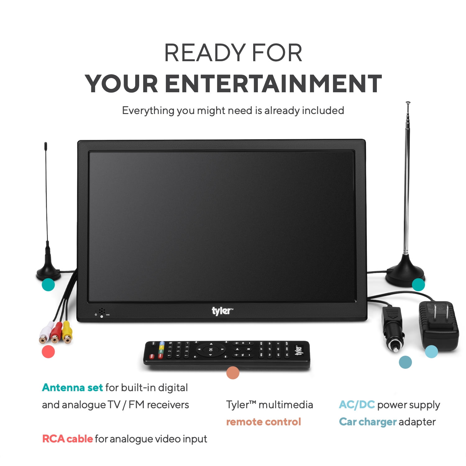 Tyler 13.3" Portable TV LCD Monitor, LED, Portable, with Battery Powered, Wireless Capability, HDMI, USB, RCA, AC/DC, FM Radio, Car Charger, Remote Control, Built in Stand, New