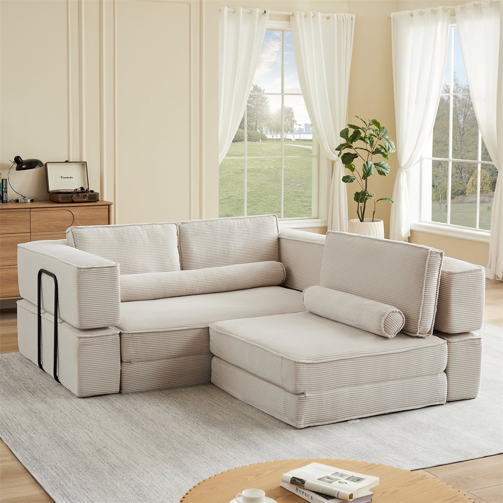 Aukfa 109" Oversized Convertible Sofa Bed Futon with Fixed Frame, Folding Pull Out Modular Boneless Sofa for Living Room, Corduroy, Beige