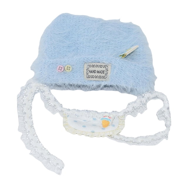 Gorro de peluche para muñeca, gorro con puños para muñeca, juego de simulación, cómodo, bricolaje, moda con babero, gorro de peluche para muñeca de sombrero azul