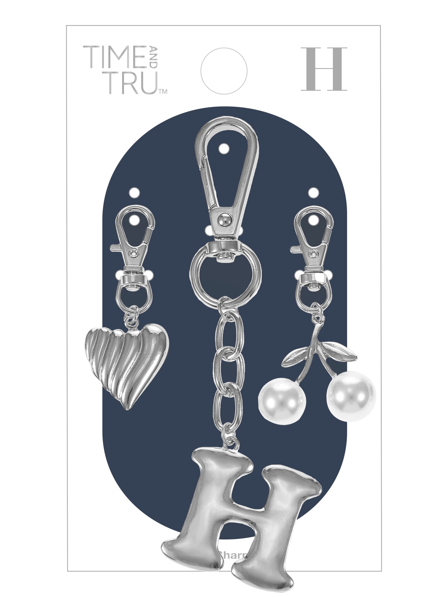 Time and Tru Silvertone Initial Letter Bag Charm Set, 3 Pieces, Letter H