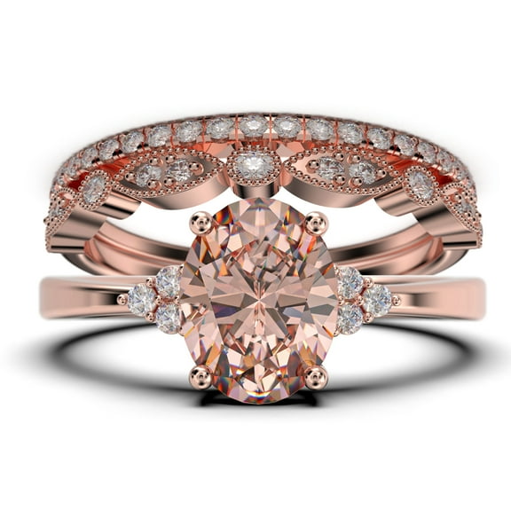 Dazzling Minimalist 2.50 Carat Oval Cut Morganite And Diamond Moissanite Engagement Ring, Wedding Ring, Two Matching Band in Silver With 18k Rose Gold Plating Gift For Loveria, Promise Ring