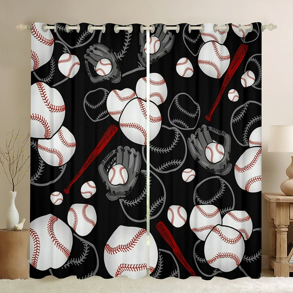 Homewish Teens Boys Sport Baseball Black Out Curtains,Ball Game Curtains Pack of 2 (42x63 Each),Black White Bedroom Curtains,Breathable Home Decor